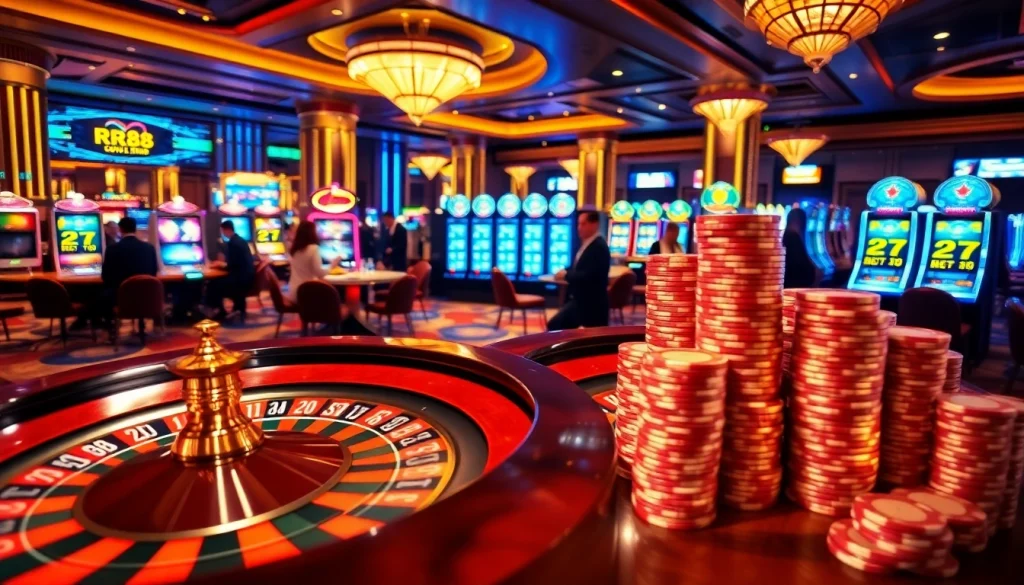 RR88 players enjoying thrilling casino games with vibrant poker chips and roulette wheel.