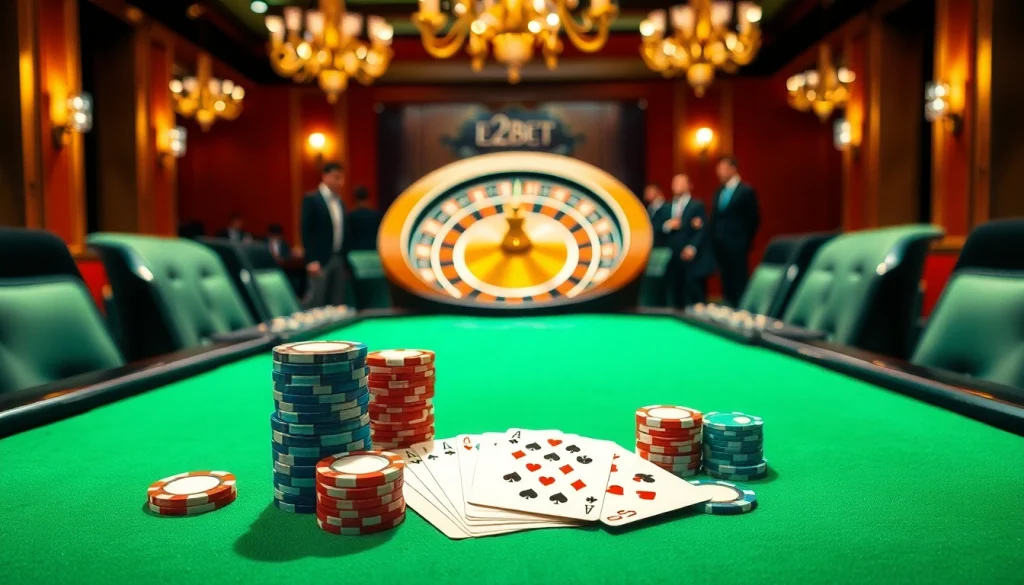 E2BET players enjoying an elegant poker game with colorful chips and high-quality cards.