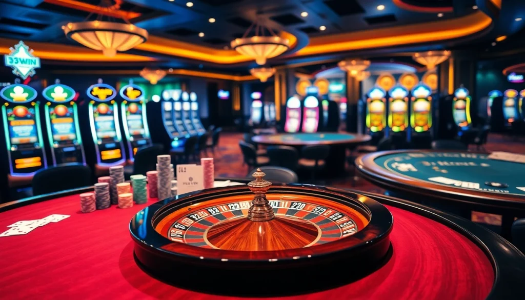 Engage in thrilling gameplay at 33WIN's luxurious casino with vibrant tables and poker chips.
