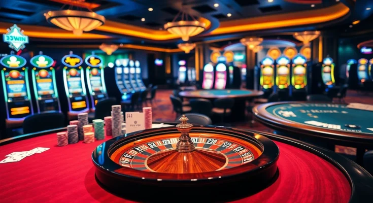 Engage in thrilling gameplay at 33WIN's luxurious casino with vibrant tables and poker chips.