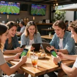 iwin club friends analyzing stats for sports betting with excitement in a vibrant setting
