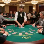 Players at nk88 casino joyful during a blackjack game amidst vibrant decor and warm lighting.