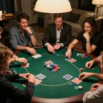 Competitive poker night at home with friends enjoying 555WIN game strategies.