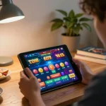 Twin68 mobile gaming environment showing player engaging with casino app in a cozy home setting.