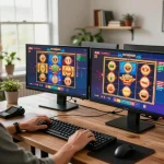 Engaging online gaming session at home using vu88, showcasing vibrant slot games on dual screens