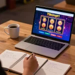 Engaging in thrilling online gaming at 79kingt1 with laptop and betting strategy notes
