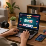 Engaging in online poker gameplay with UU88 on a laptop in a cozy home environment