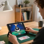 F8bet player enjoying live dealer blackjack on a tablet in a cozy home office
