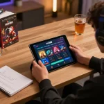 Engaging with the sv368 app for online gaming with strategy notes nearby, cozy atmosphere.
