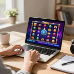 79king player engaging in online casino gaming at home with laptop and notes, capturing strategy and excitement.
