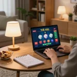 Tài Xỉu gameplay displayed on a laptop in a cozy home setting with snacks and strategy notes visible.