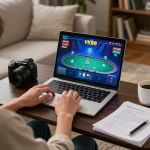 Engaging in online poker at VK88 from a cozy home setup while using strategic notes.