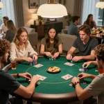 PHTAYA players engaged in an exciting poker night at home, surrounded by snacks and friends.