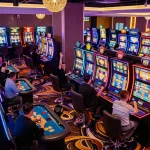 Players experiencing the thrill of 79KING gaming at a lively casino floor with vibrant slot machines.
