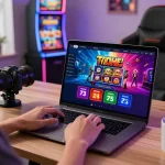 Engaging scene of a user interacting with the 73H online gaming platform amidst vibrant graphics and promotion banners, showcasing the excitement of online betting.