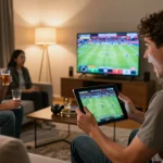 Engaged gambler at home using luck8 app for live sports betting with friends in a lively atmosphere.