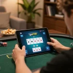Engaged player using ga6789 app for online poker, showcasing immersive game interface and home setup.