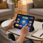 Engage with Go88 casino games in a cozy home setting, enjoying strategic gameplay on a tablet.