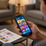 Engaging with rikvip mobile casino app on a smartphone in a cozy living room.