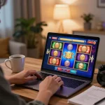 Engaged player enjoying Slot Malaysia game on laptop at home, focusing on strategy notes in warm light.