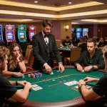 Players engaging in a thrilling poker game at hit club casino, vibrant atmosphere with focused players and professional dealers