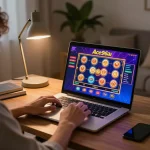 Ace96au player engaging in dynamic slot gaming on a laptop at home, showcasing an immersive online experience.