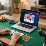Person engaging in mb66 online blackjack with laptop and snacks in cozy home office