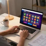 Twin68 online casino gaming scene with player managing bankroll at home desktop.