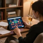 Engaged player using SC88 Com app on tablet during an evening gaming session at home.