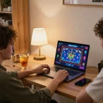 Player enjoying ALO8 online gaming on laptop with vibrant graphics and cozy home setting