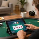 O8 player enjoying an engaging online poker game on tablet in a cozy living room