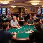 Players engage in strategic gameplay at 123Win's vibrant blackjack table, embodying the excitement of casino gambling.