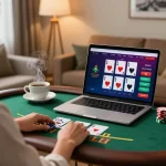 Engaging with vu88 live dealer blackjack on a cozy home setup, showcasing strategic play and excitement.