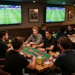 Tỷ lệ kèo nhà cái hôm nay shown in vibrant sports betting lounge with fans discussing odds and strategies.