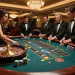 xi88 players placing bets at an exquisite roulette table, vibrant casino atmosphere