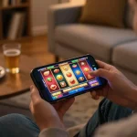 Player enjoying engaging slot games on 99ok Smartphone in cozy home setting