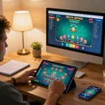 Engaged player using a tablet to play hitclub live dealer baccarat game in a stylish home office.