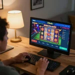 A player enjoying the 33win mobile app with engaging slot machine graphics and cozy home ambience
