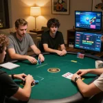 uu88 players strategizing during an online poker game, capturing excitement in a cozy setup