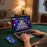 Player engaging with ALO8's online casino on a laptop in a cozy gaming environment, promoting responsible gaming.