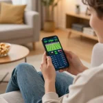 Engaged user enjoying sports betting on 789bet smartphone app in cozy living room