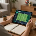 Kèo Nhà Cái app interface displayed as person engages in online sports betting at home.
