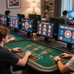 Engaged players at KP88 take bets during an exciting online casino session, showcasing vibrant gameplay.