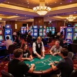 The vibrant casino atmosphere showcases players engaging with vmax gaming options at neon-lit slot machines.