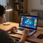 Playing the game tài xỉu on a laptop in a cozy home setting, showcasing an engaging online gaming experience.