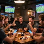 33WIN sports betting excitement with patrons cheering and using betting apps in a sports bar.