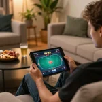 Engaging in online poker gameplay at Nk88, showcasing responsive tablet screen and cozy home setup