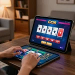 The GO8 online casino experience showcasing a player engaged in tablet gaming within a cozy living room.