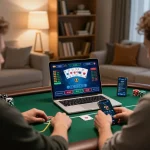 Engaging in ALO8 online poker strategy with immersive gameplay in a cozy setting