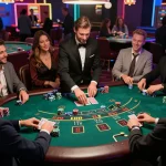 Players placing bets and analyzing cards at the mb66 blackjack table, celebrating a winning hand.